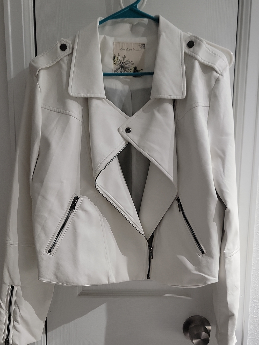 White Vegan Leather Moto Jacket with Asymmetric Zip